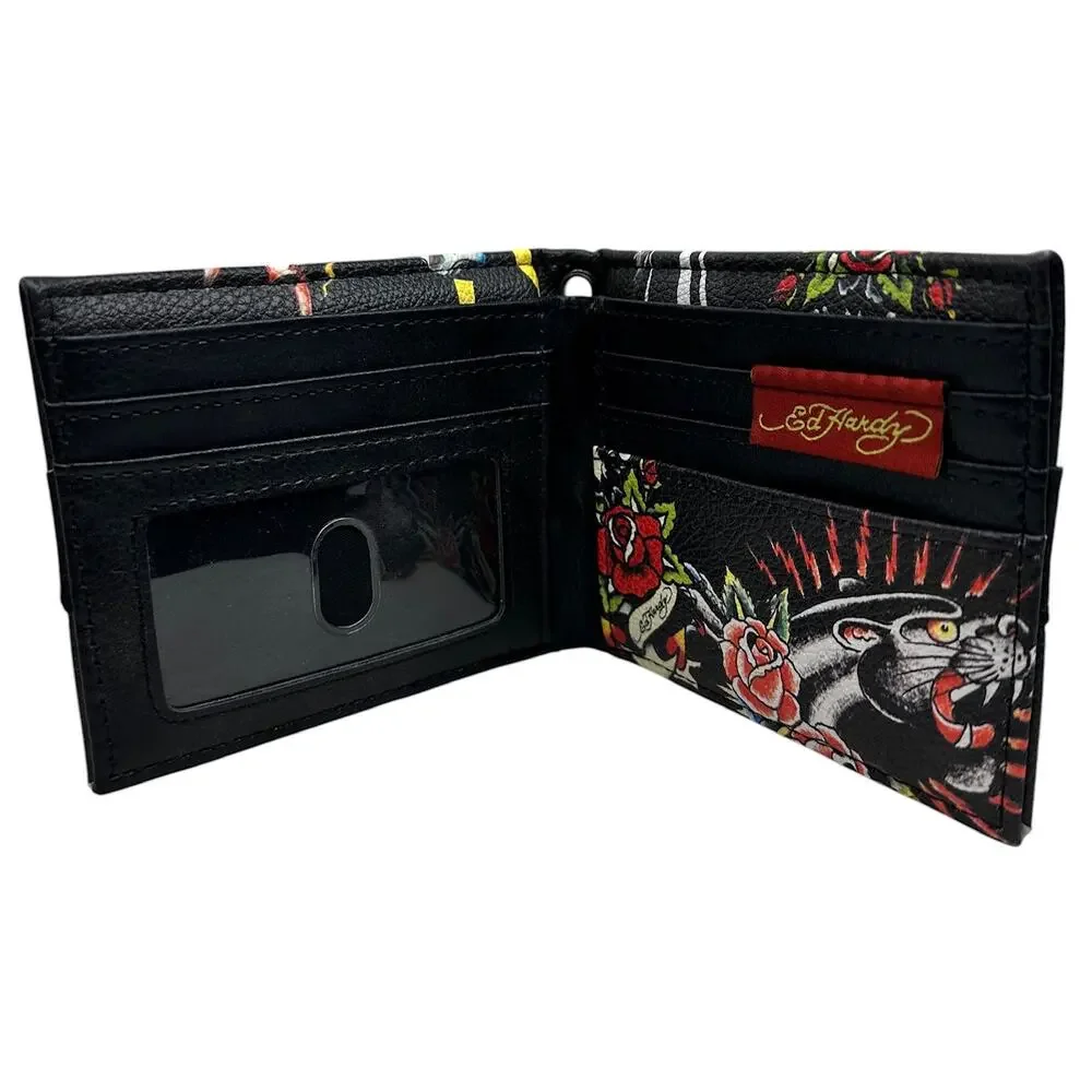 Ed Hardy Men's Pyramid Stud Biker Bifold Black Wallet With Removable Chain